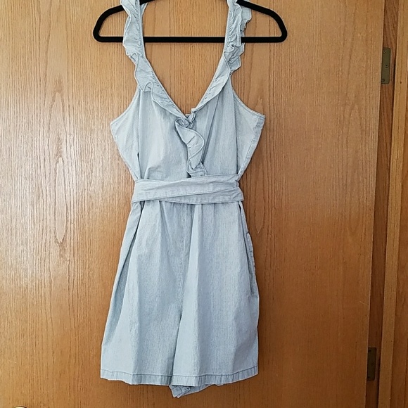Madewell Other - NWOT Madewell striped chambray ruffle short romper